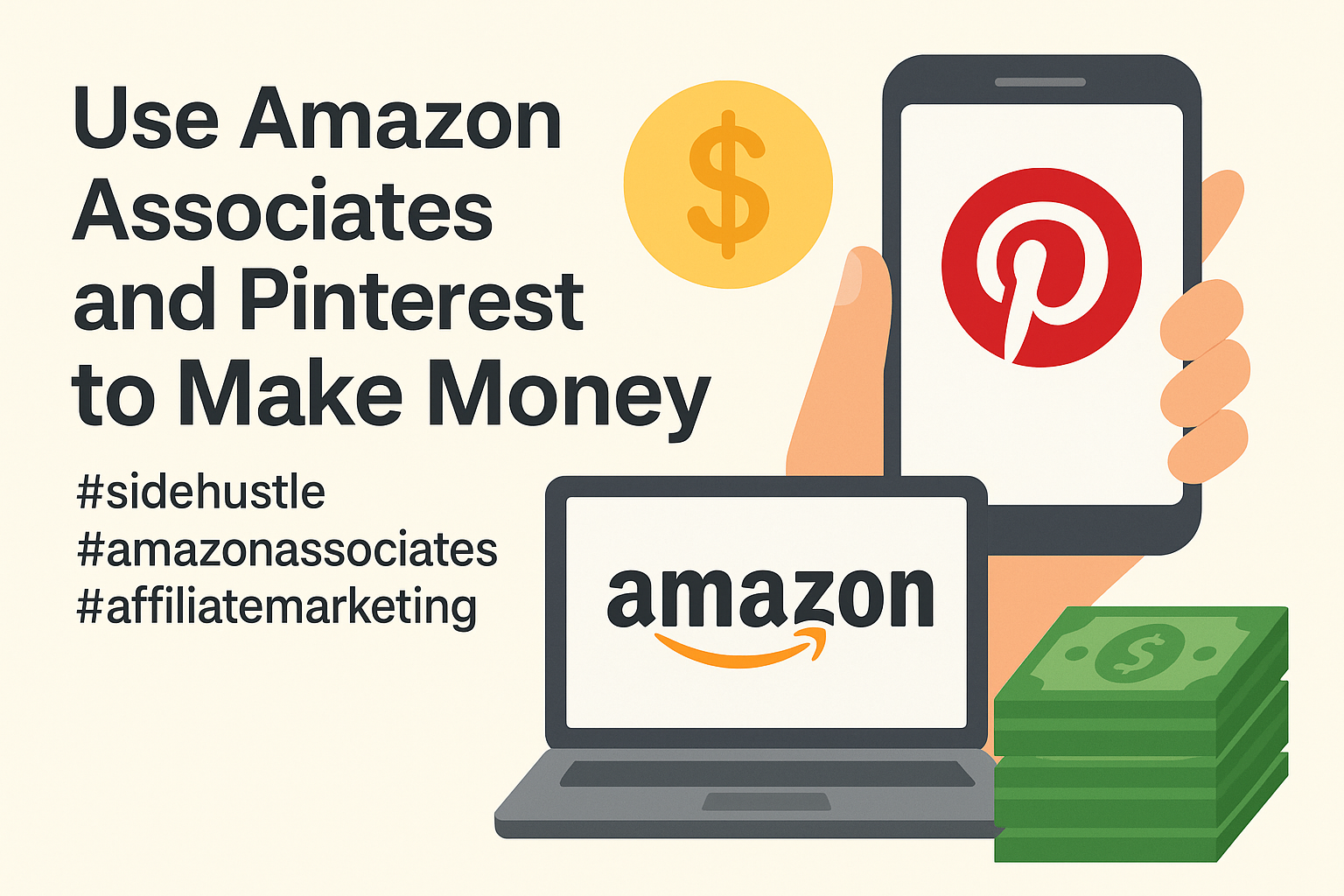 Promotional graphic with the text 'Use Amazon Associates and Pinterest to Make Money' alongside hashtags #sidehustle #amazonassociates #affiliatemarketing. The design shows a smartphone displaying the Pinterest logo, a laptop with the Amazon logo, a dollar sign icon, and a stack of money.